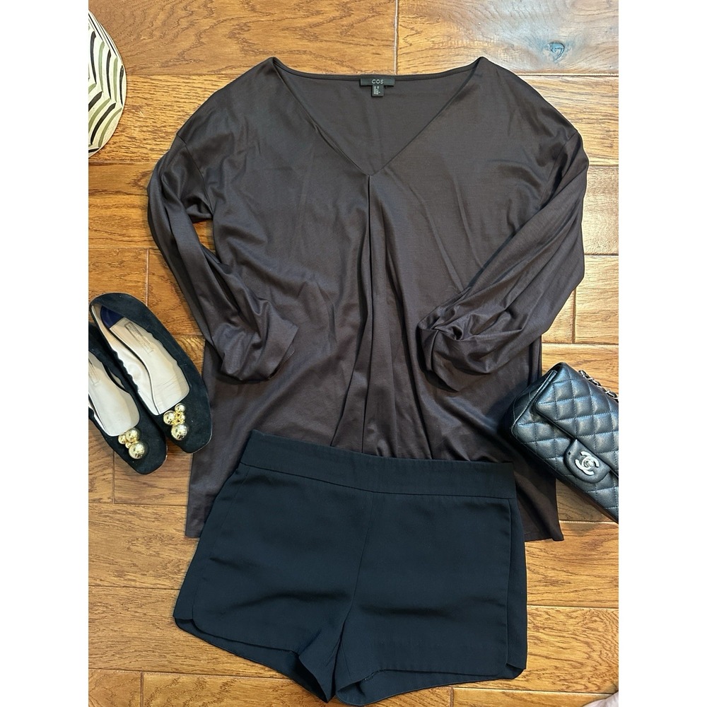 COS XS Dark Brown V-Neck Top Lyocell Cotton Puff Balloon Sleeve Blouse Minimal
